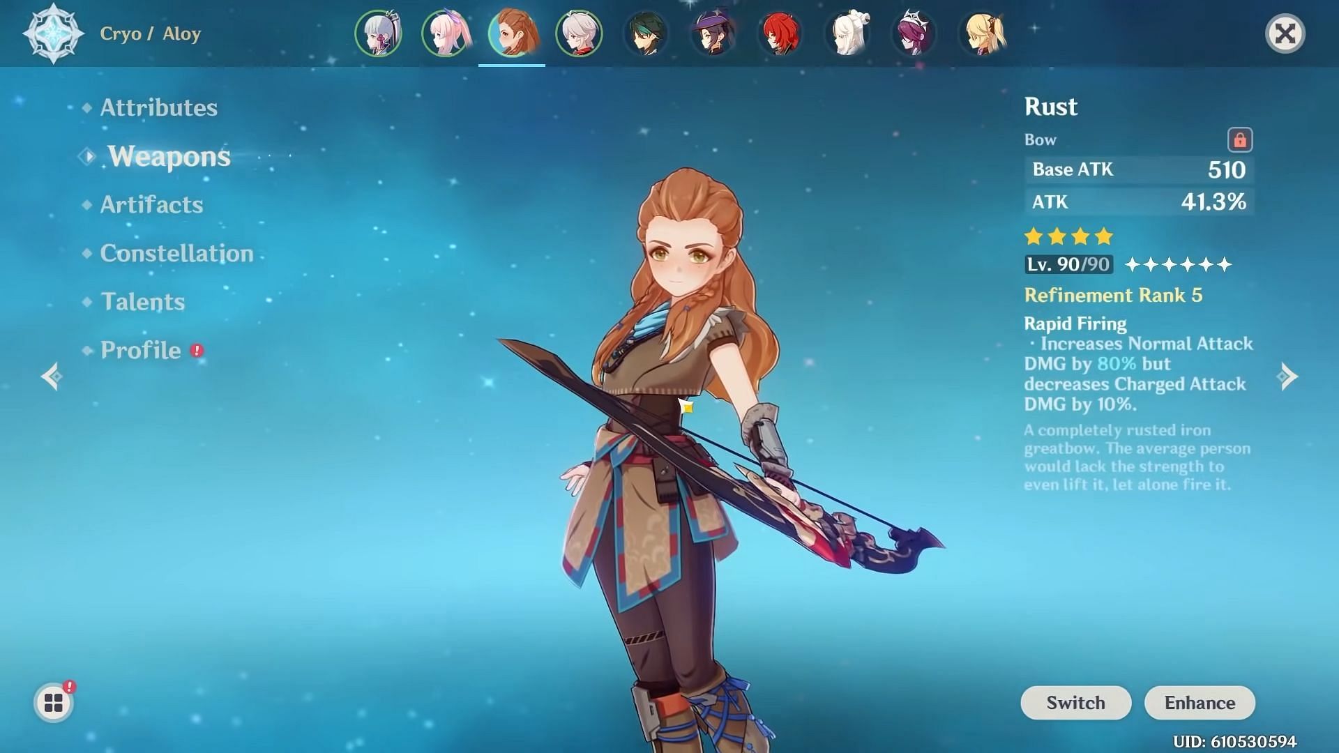 Aloy with R5 Rust at max level (Image via Meowreii/YouTube)