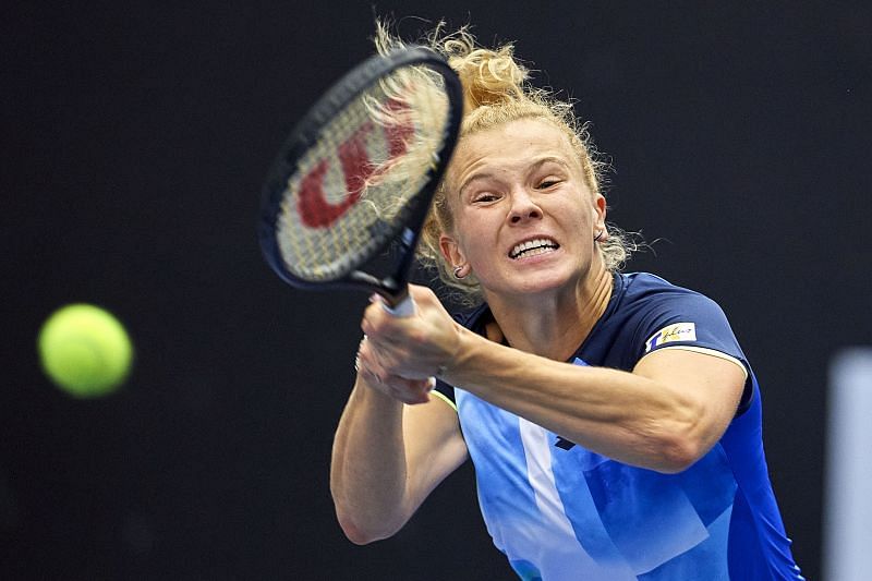 Katerina Siniakova strikes a backhand during the J&amp;T Banka Ostrava Open 2021