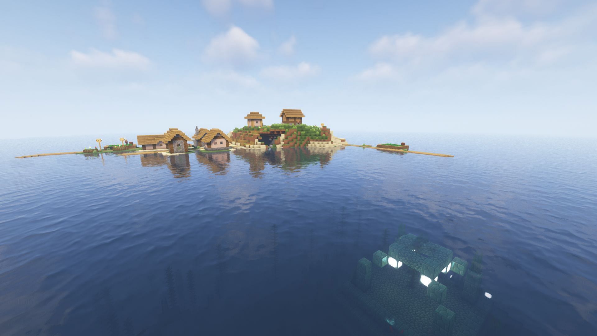 Village island next to an ocean monument (Image via Minecraft)