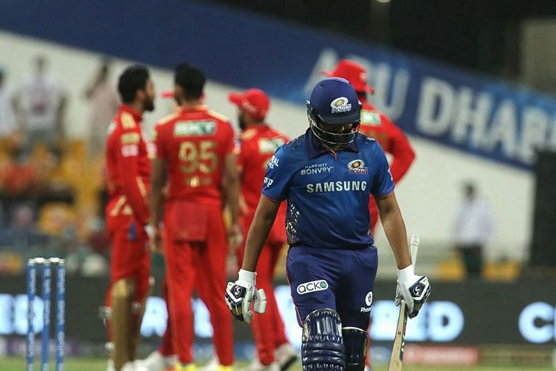 Rohit Sharma walks back after being dismissed against PBKS. Pic: IPLT20.COM