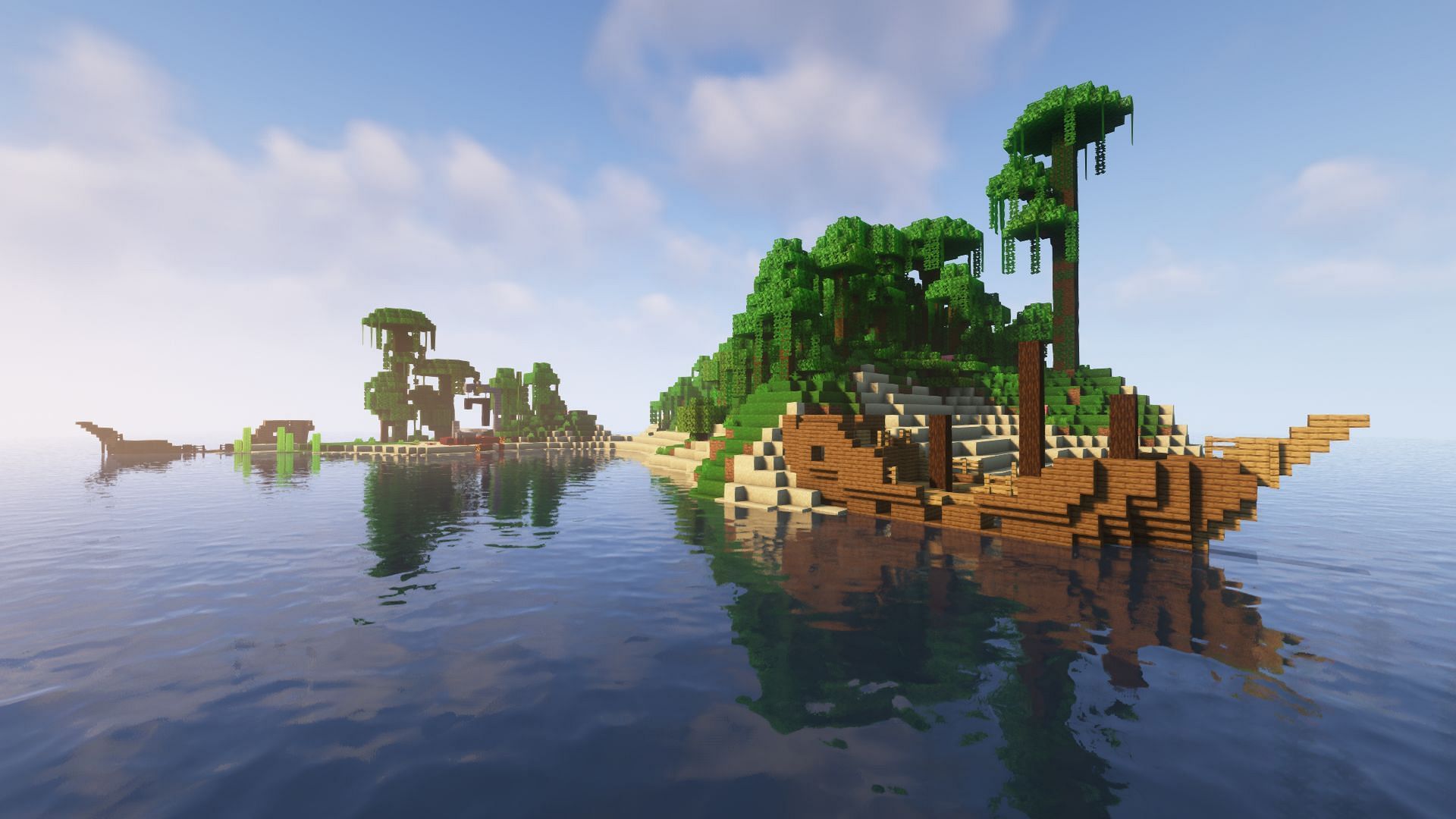 An amazing island with shipwrecks (Image via Minecraft)
