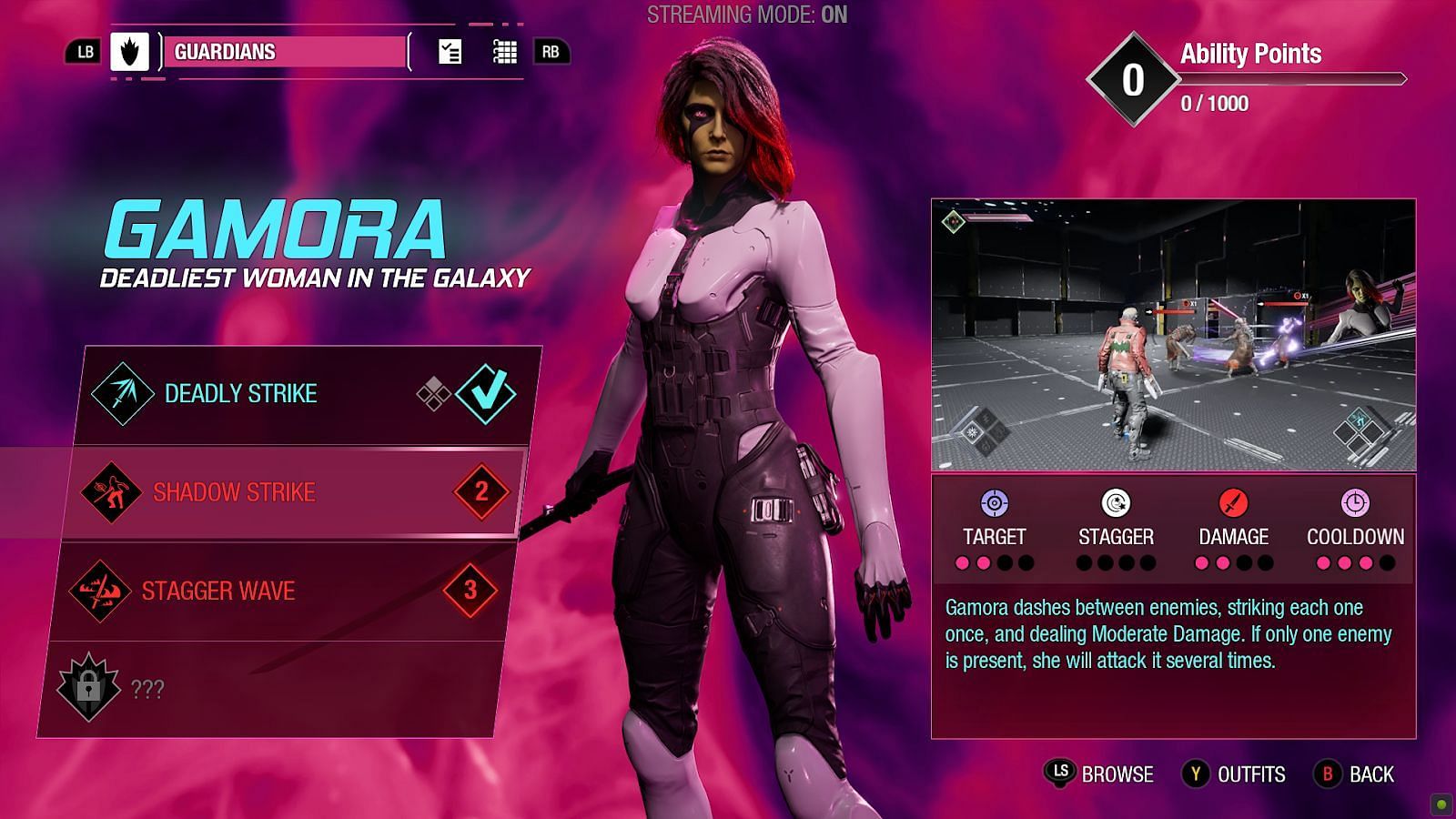 Abilities of Gamora (Screenshot via Marvel&rsquo;s Guardians of the Galaxy)