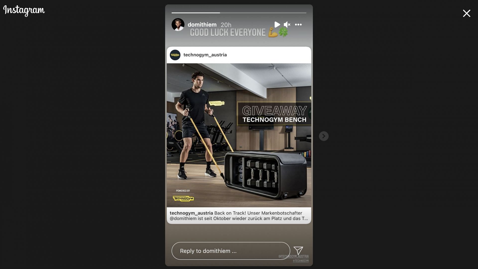 Dominic Thiem shares an Instagram Story advertising Technogym