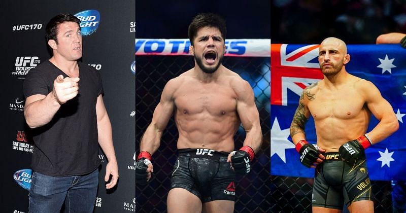 Former UFC fighters Chael Sonnen (left), Henry Cejudo (center) and current featherweight champion Alexander Volkanovski (right)