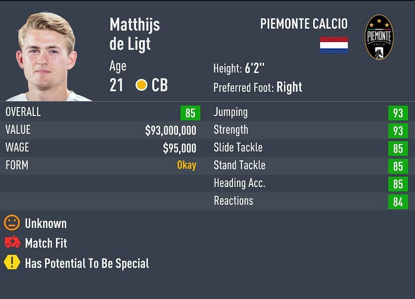 De Ligt has the &quot;power header&quot; and &quot;solid player&quot; traits in FIFA 22 (Image via Sportskeeda)