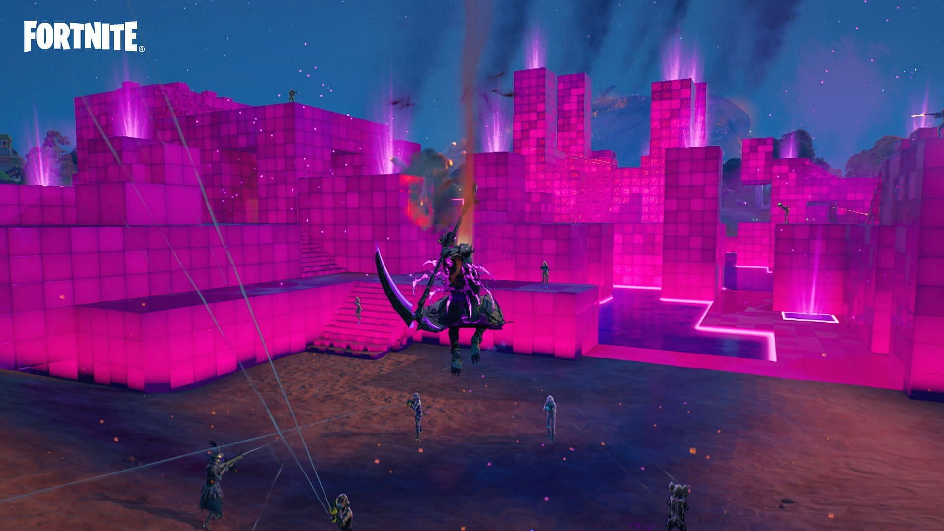 Head to the center of the Fortnite map to find the Golden Cube for the touch a cube quest (Image via Epic Games)