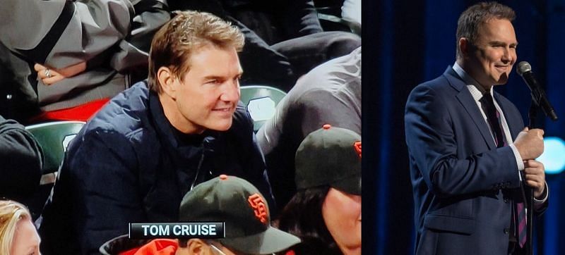 Tom Cruise at the Oracle Park (left); Late comedian Norm Macdonald (Image via SF Giants NBCS, and Netflix)