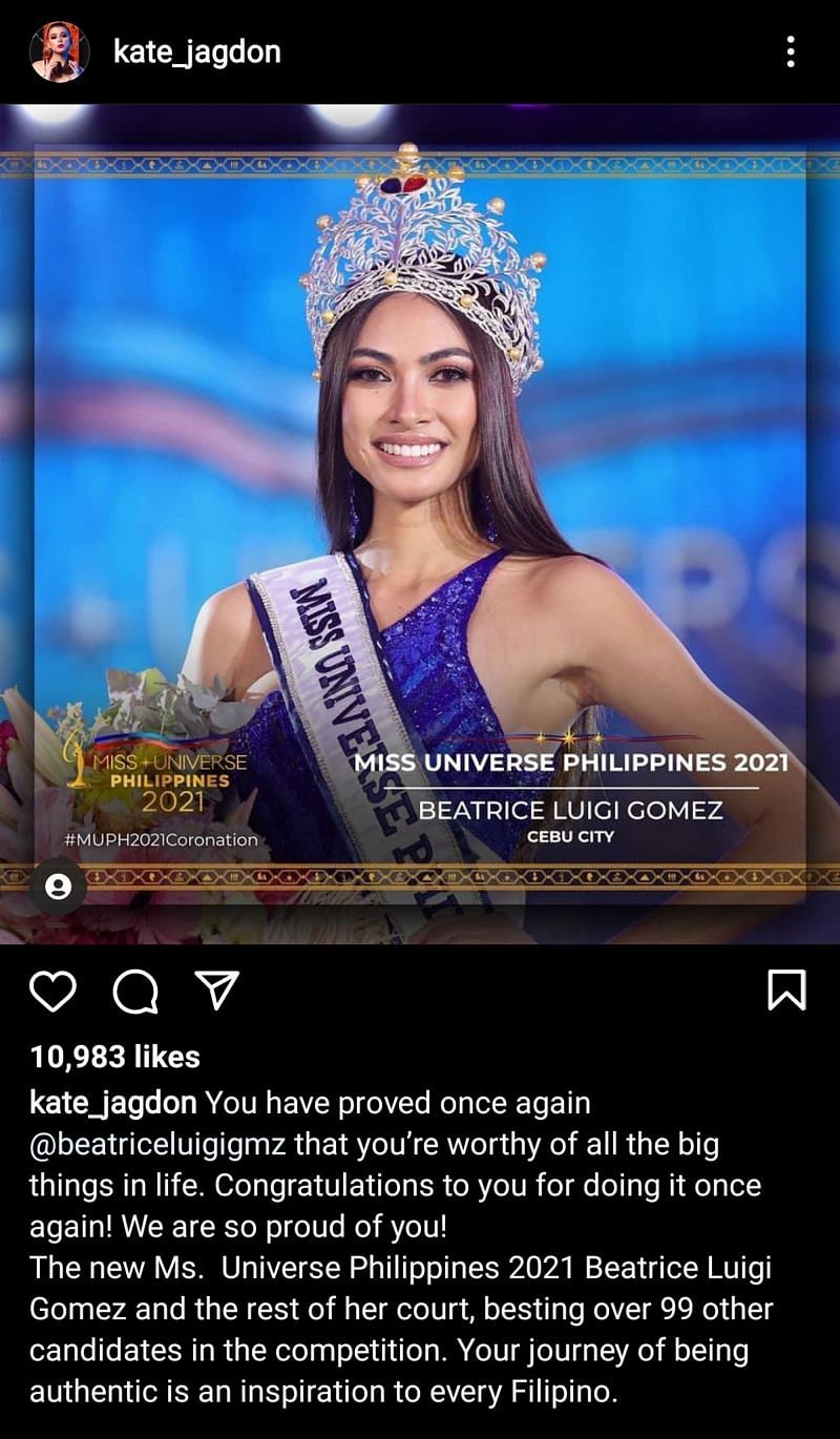Kate Jagdon congratulates her girlfriend Beatrice Luigi Gomez after winning Miss Universe Philippines (Image via kate_jagdon/ Instagram)
