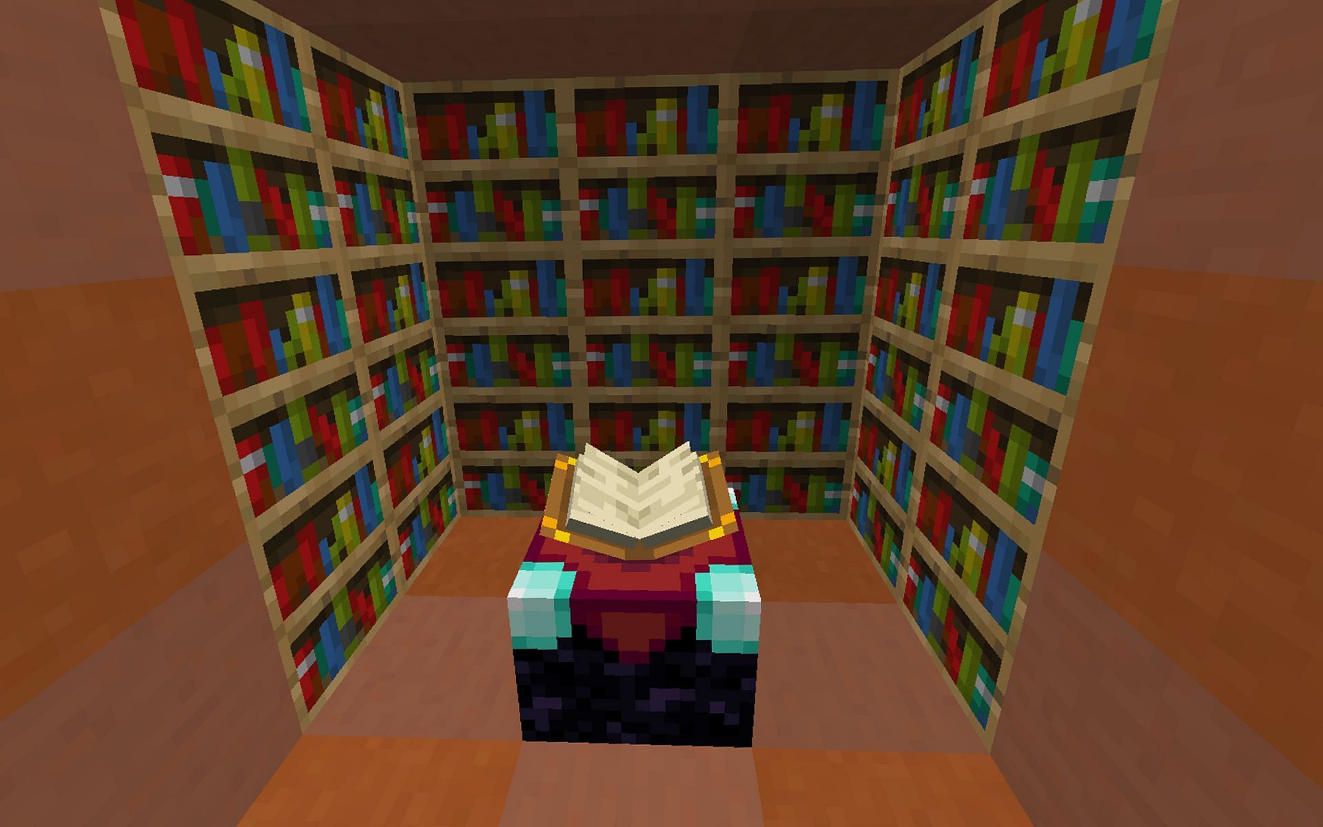 Enchanting tables gain more power when bookshelves are nearby. Image via Minecraft.