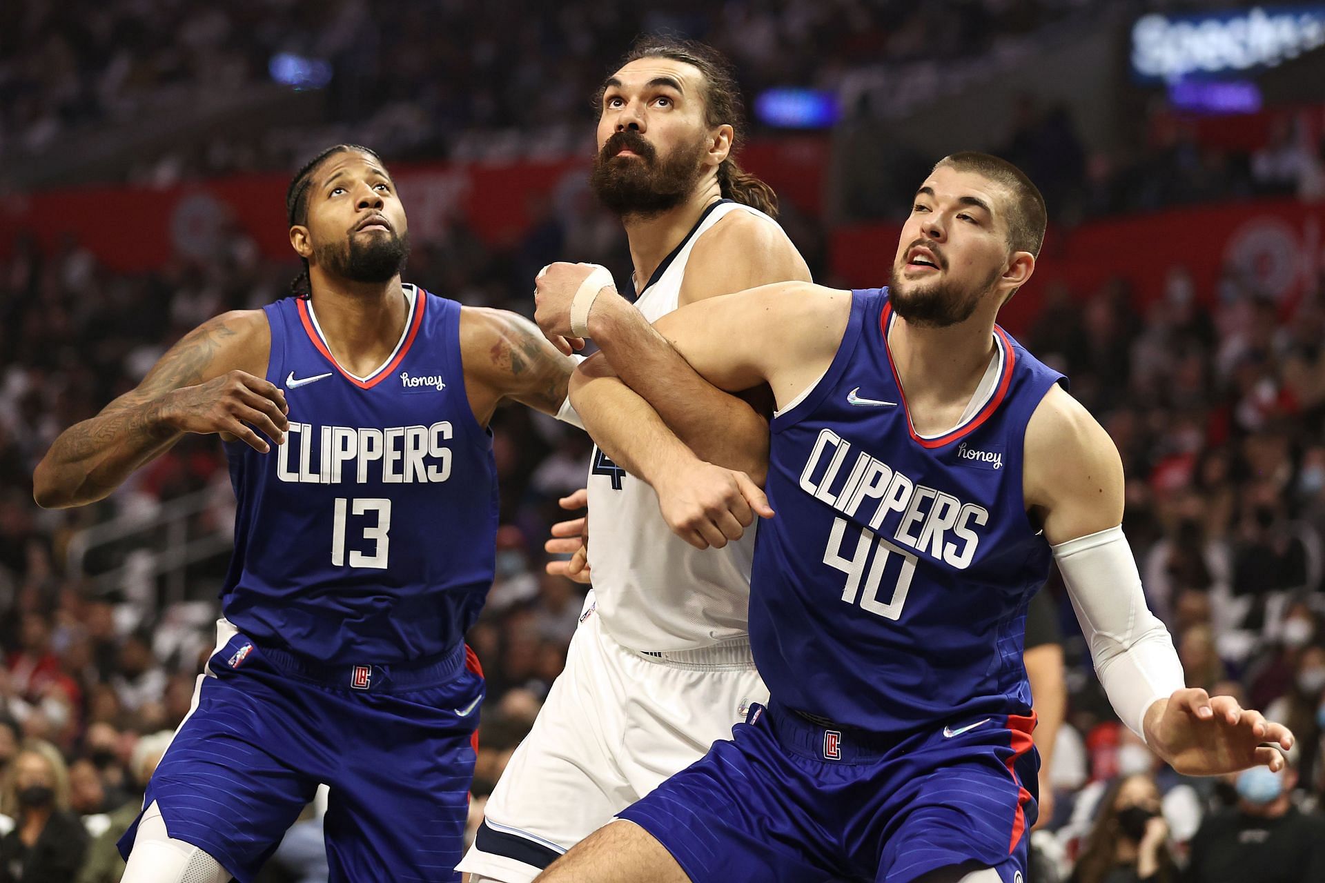 Paul George and Ivica Zubac of the LA Clippers against the Memphis Grizzlies