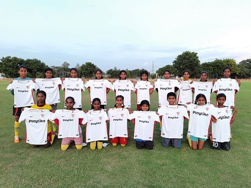 Official Sevilla FC jerseys in the Anantapur Rural Football League.