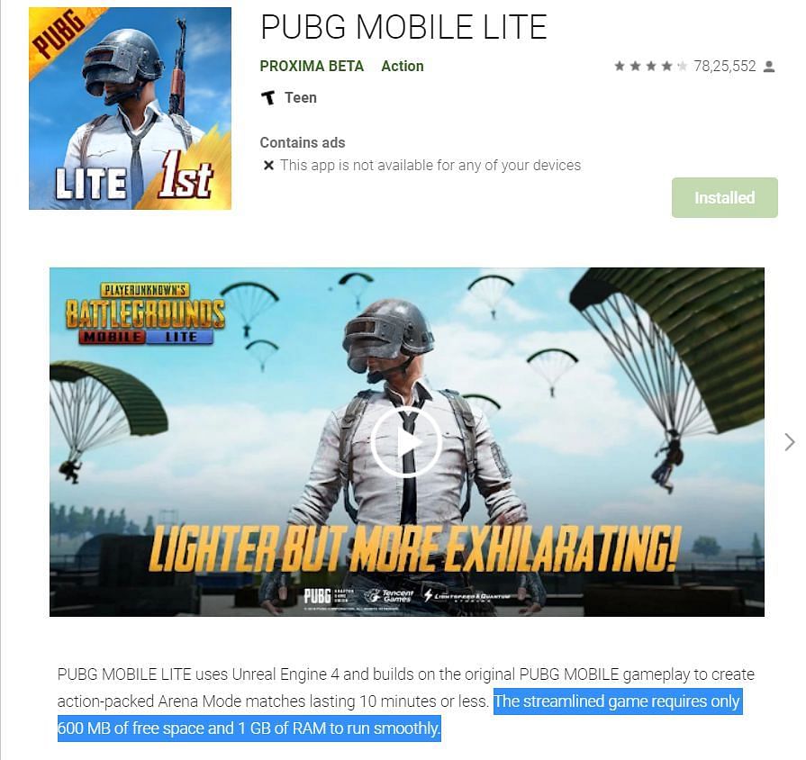 PUBG Mobile Lite requires only 1 GB of RAM to run (Image via Google Play Store)
