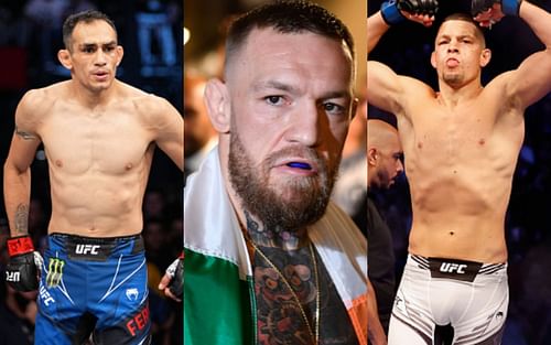 Tony Ferguson (left); Conor McGregor (center); Nate Diaz (right)