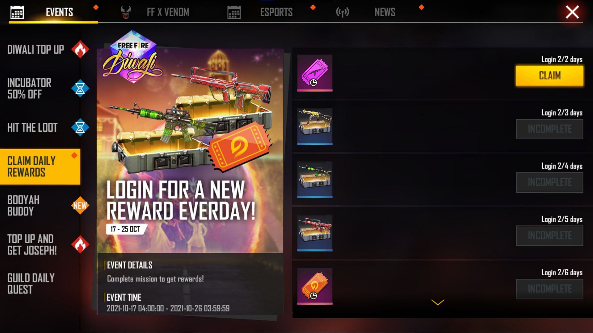 Players have to log in daily to attain the rewards (Image via Free Fire)