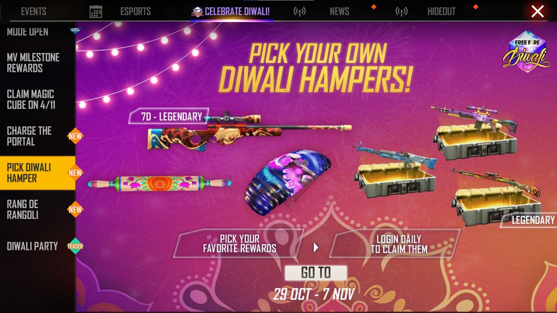 Pick Diwali Hampers comprises loot crates, skins and more (Image via Free Fire)