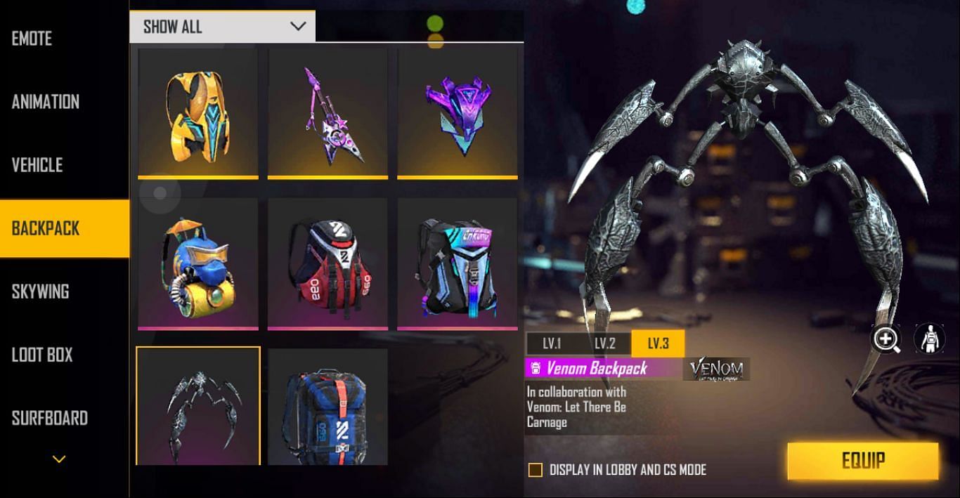 Venom Backpack can be equipped from the collection (Image via Free Fire)