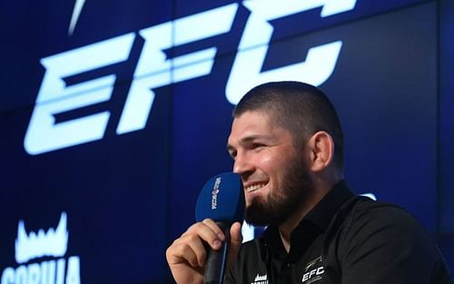 Khabib Nurmagomedov interacting with the media at an Eagle FC press conference [Image Credits- @khabib_nurmagomedov on Instagram]