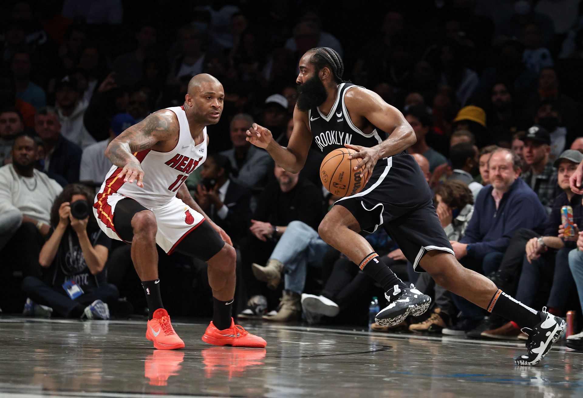 James Harden drives with the ball during Miami Heat v Brooklyn Nets
