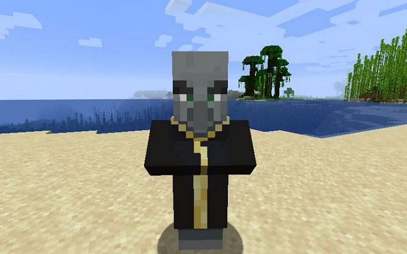 An image of an Evoker standing on a beach in Minecraft. (Image via Minecraft).