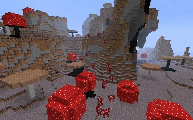 An image of a mushroom island biome in-game. (Image via Minecraft)