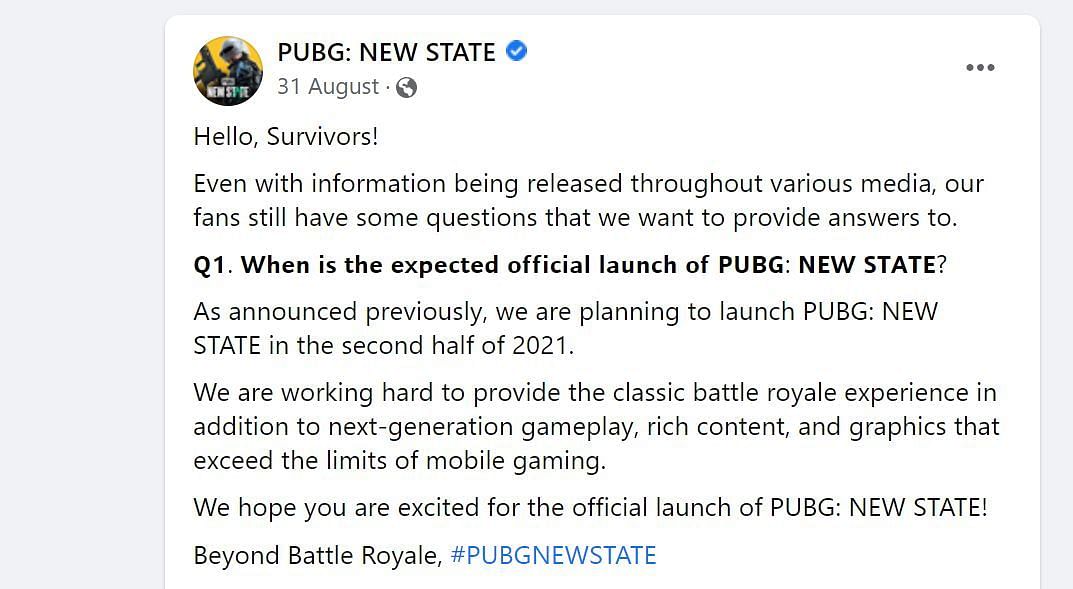 Here&#039;s what the developers had stated previously about the release (Image via PUBG: New State /Facebook)