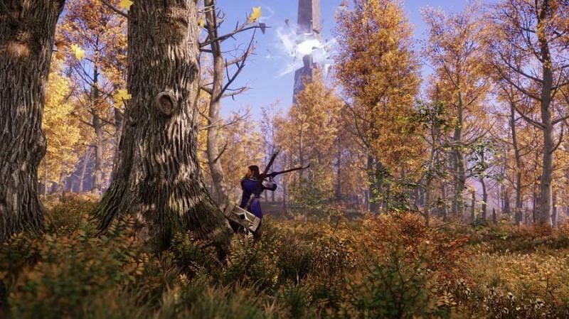 A player cutting down a tree in New World. (Image via Amazon Games)