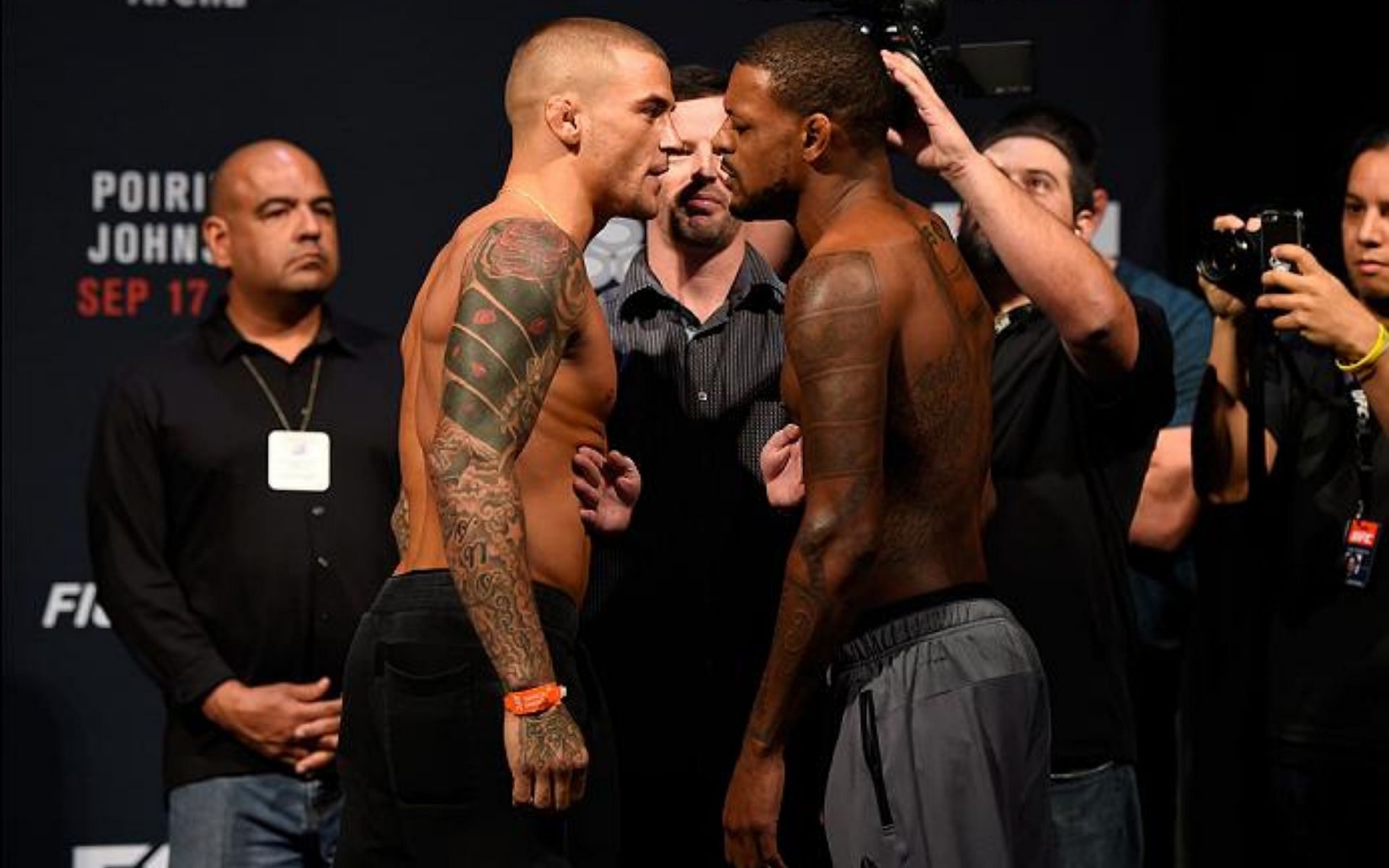 Dustin Poirier vs Michael Johnson face-off before their main event fight at UFC Fight Night 94