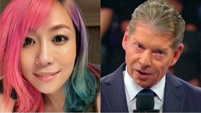 Asuka (left) and Vince McMahon (right)