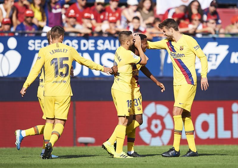 Barcelona players during a La Liga match this season
