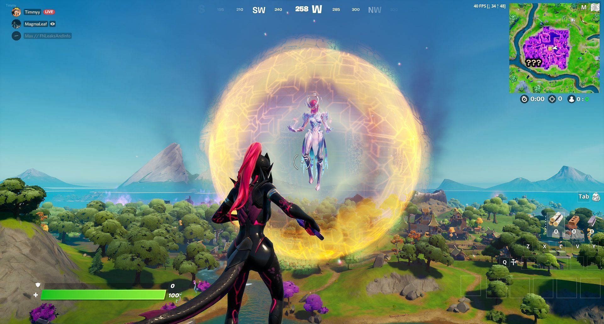 The Cube Queen stands tall above Convergence POI on the Fortnite map and has not interacted since the v18.21 update that took place yesterday (Image via Twitter / YLSDev)