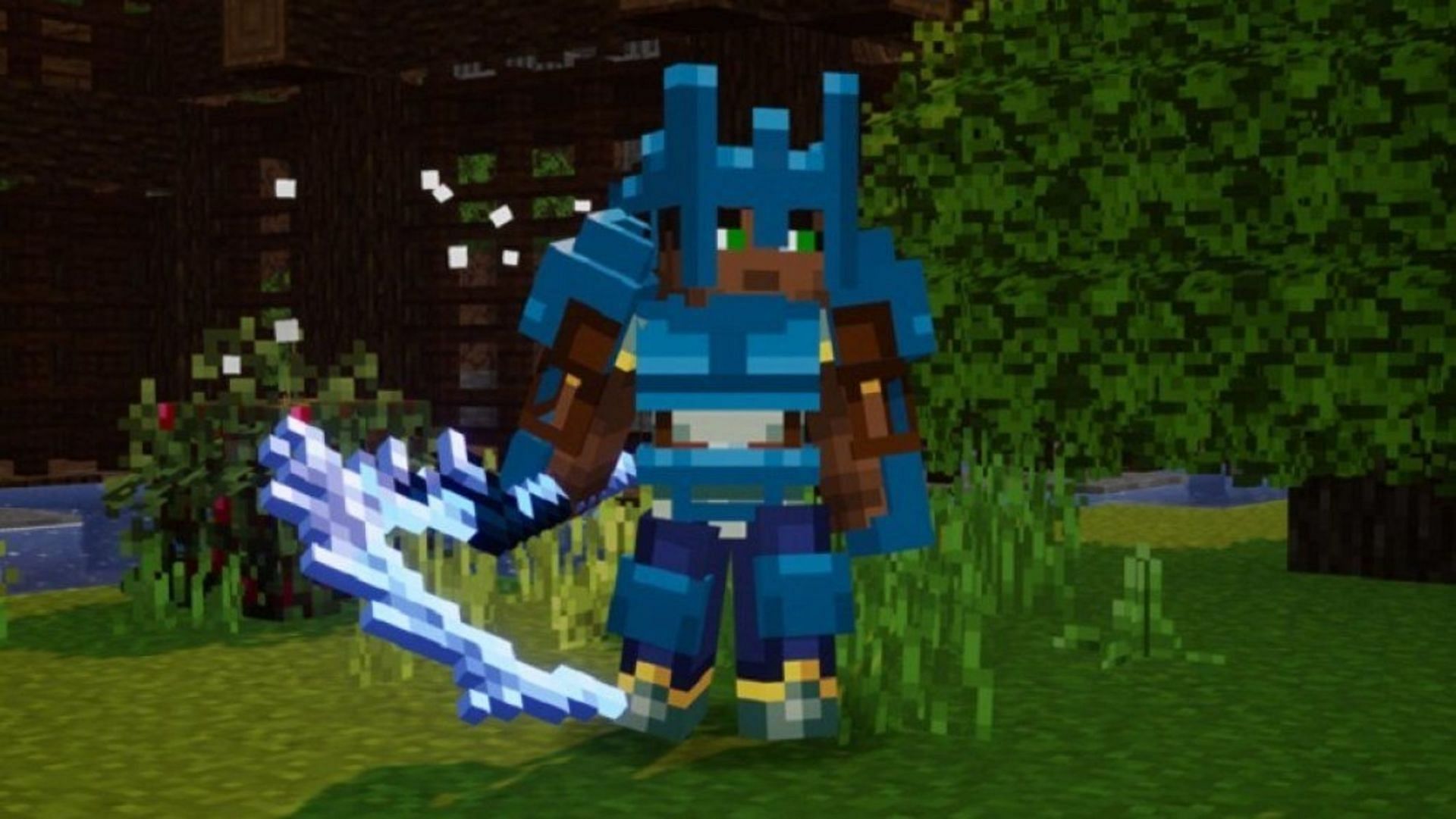 The Frost Scythe wielded by an armor-clad hero (Image via Mojang)