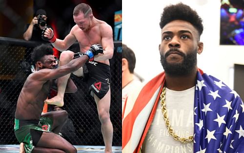 Sterling (left) gets hit by an illegal knee from Yan (center); Aljamain Sterling (right) is the current UFC bantamweight champion