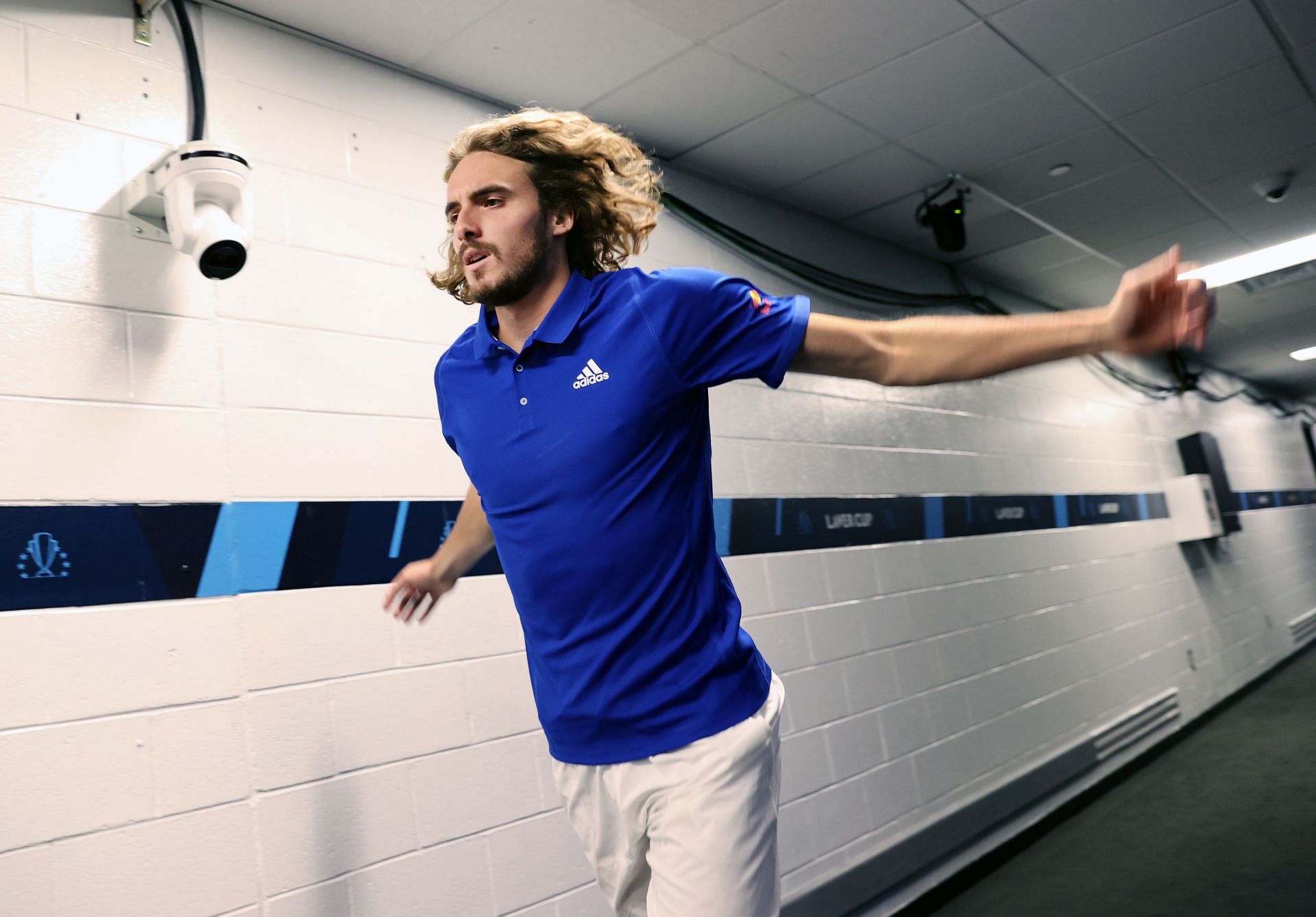 Stefanos Tsitsipas warms up ahead of a match during the Laver Cup 2021