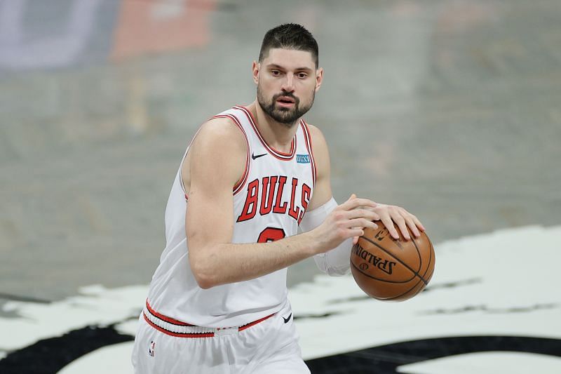 Nikola Vucevic dribbles the ball at the Chicago Bulls v Brooklyn Nets game