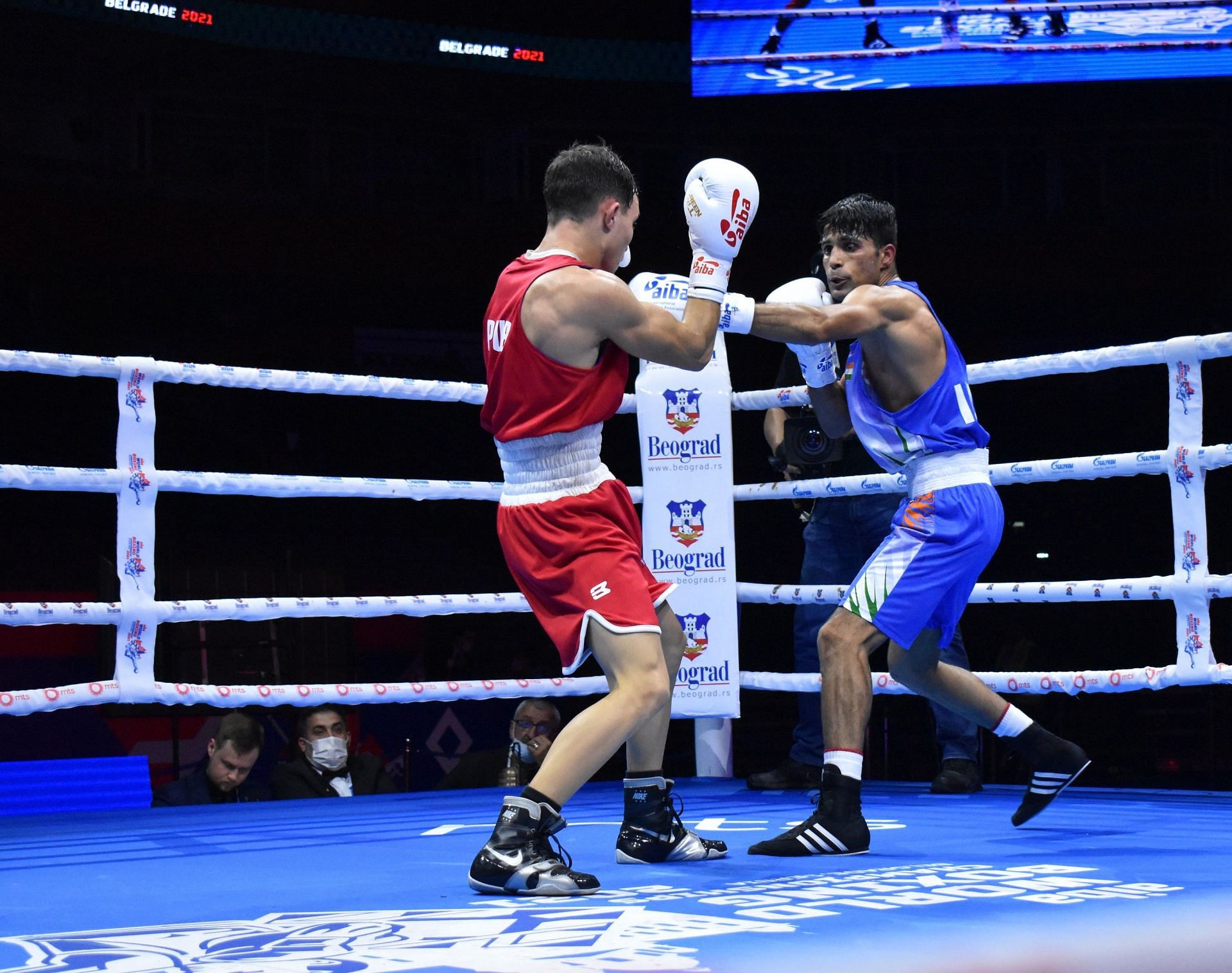 India&#039;s Akash Kumar (in blue) in action at the Men&#039;s Boxing Championships. (PC: BFI)
