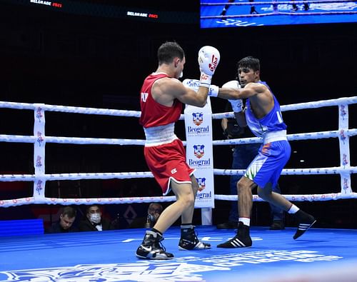 India's Akash Kumar (in blue) in action at the Men's Boxing Championships. (PC: BFI)