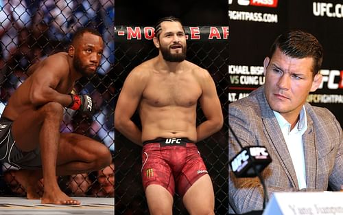 UFC welterweight contenders Leon Edwards (left) and Jorge Masvidal (center), and analyst Michael Bisping (right)