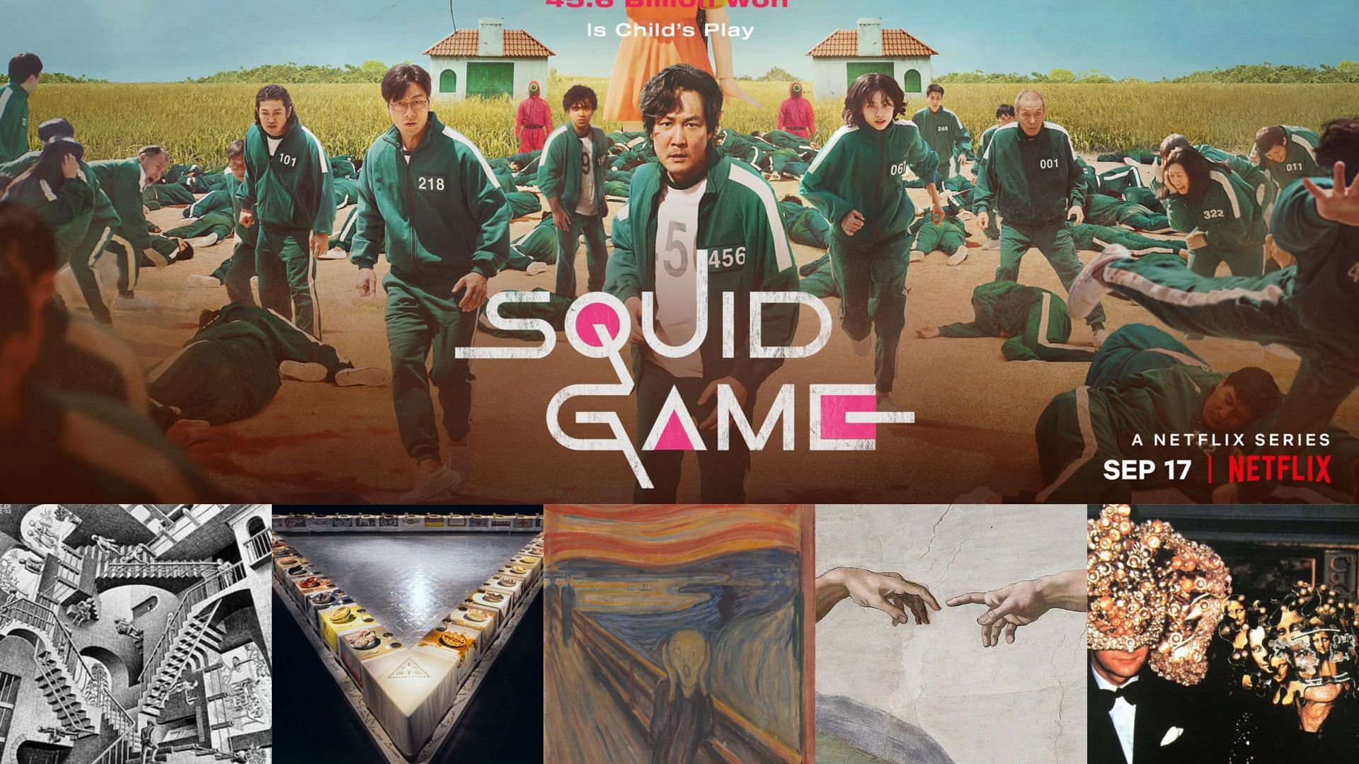 Several viewers have remarked how Squid Game scenes have been inspired by artwork. (Image via Netflix, Wikipedia)