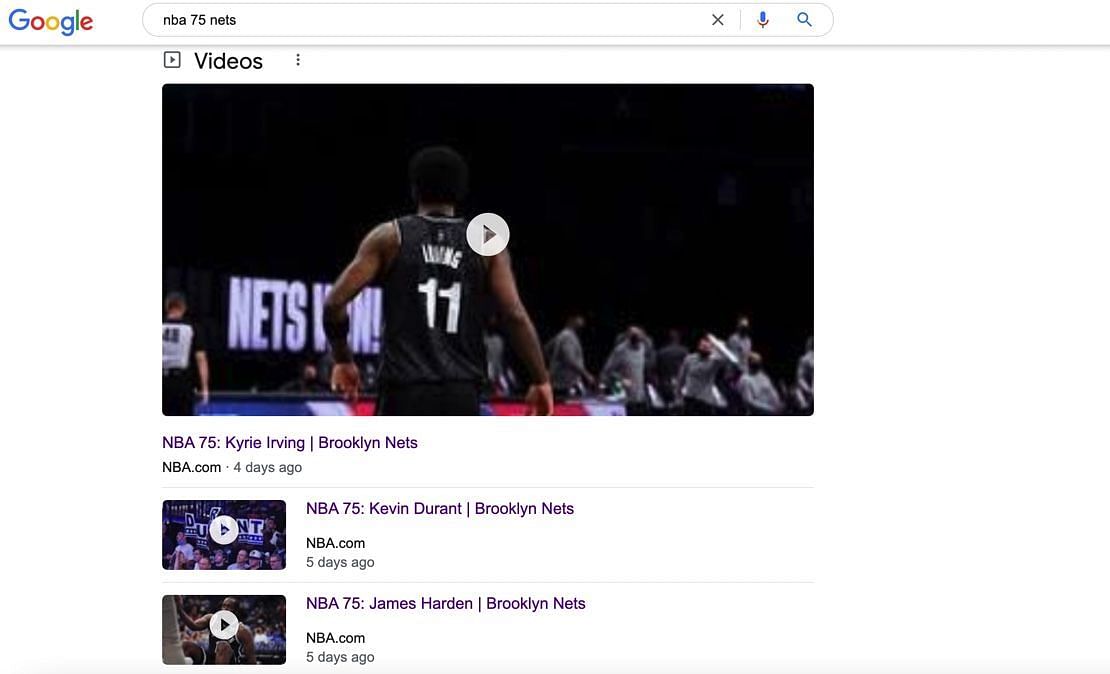 &quot;NBA 75 Nets&quot; Google search result [Search Engine and Screenshot: Google]