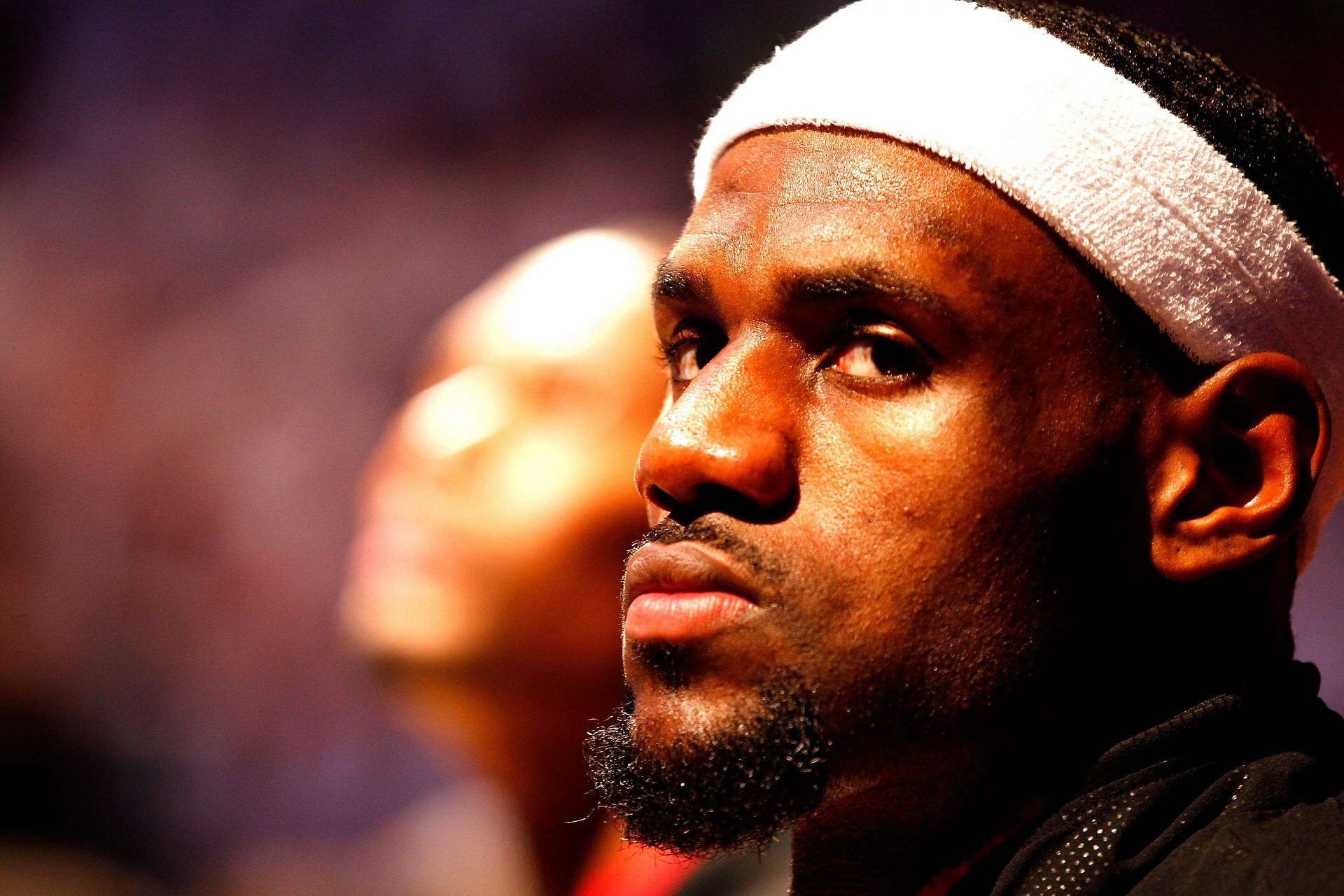 LeBron James #6 of the Miami Heat looks on during pregame against the Oklahoma City Thunder in Game Four of the 2012 NBA Finals on June 19, 2012 at American Airlines Arena in Miami, Florida.