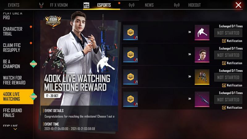 After t live watching milestone is surpassed, users can choose between these rewards (Image via Fre Fire)