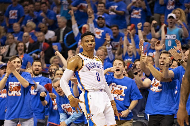 Russell Westbrook #0 of the Oklahoma City Thunder celebrates after making a three-point shot