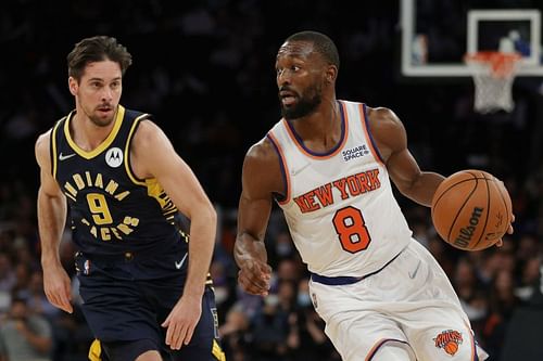 New York Knicks PG Kemba Walker (#8) in action against the Indiana Pacers