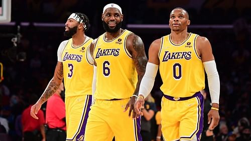 Anthony Davis, LeBron James and Russell Westbrook of the LA Lakers against the Golden State Warriors