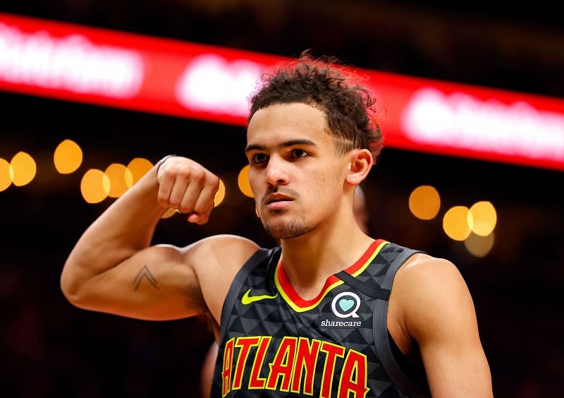 Trae Young of the Atlanta Hawks flexing after a bucket