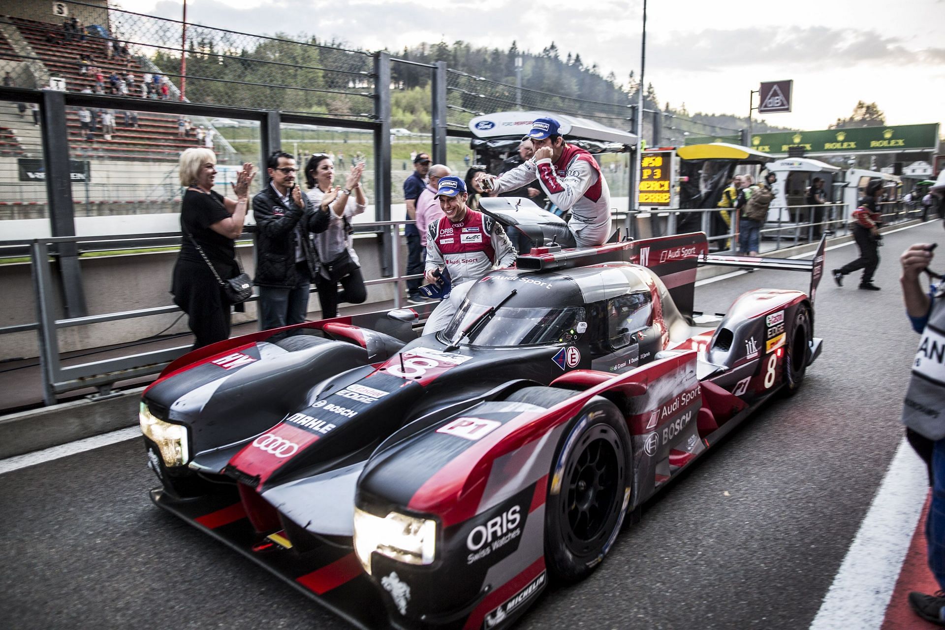 The race winning #8 Audi Sport Team Joest LMP1 car driven by Oliver Jarvis, Lucas Di Grassi (top) of Brazil and Loic Duval on the car during the 6 Hours of Spa-Francorchamps, the second round of the 2016 FIA World Endurance Championship&#039;s at Spa-Francorchamps Circuit, Belgium. (Photo by Dean Treml/Red Bull via Getty Images)