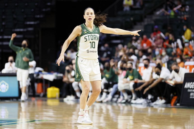 Sue Bird #10 of the Seattle Storm reacts after a three point basket against the New York Liberty during the first quarter at Angel of the Winds Arena on September 02, 2021 in Everett, Washington.