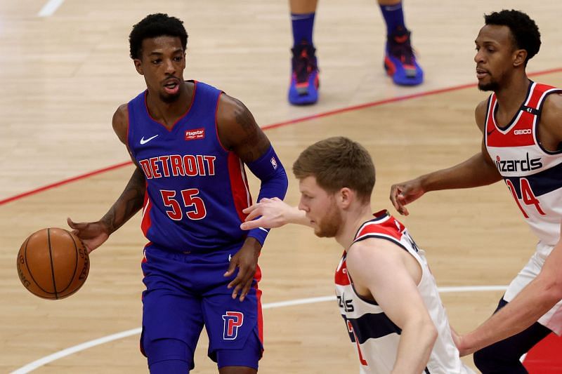 Delon Wright #55 of the Detroit Pistons dribbles the ball against the Washington Wizards during a preseason game at Capital One Arena on December 19, 2020