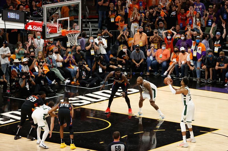 Giannis Antetokounmpo #34 of the Milwaukee Bucks shoots a free-throw shot against the Phoenix Suns in the second half of game five of the NBA Finals at Footprint Center on July 17, 2021 in Phoenix, Arizona. The Bucks defeated the Suns 123-119.