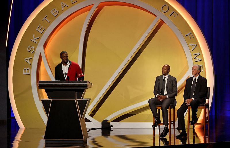 Chris Bosh, presented by Ray Allen and Pat Riley speaks during the 2021Naismith Memorial Basketball Hall of Fame ceremony at Symphony Hall on September 11, 2021 in Springfield, Massachusetts